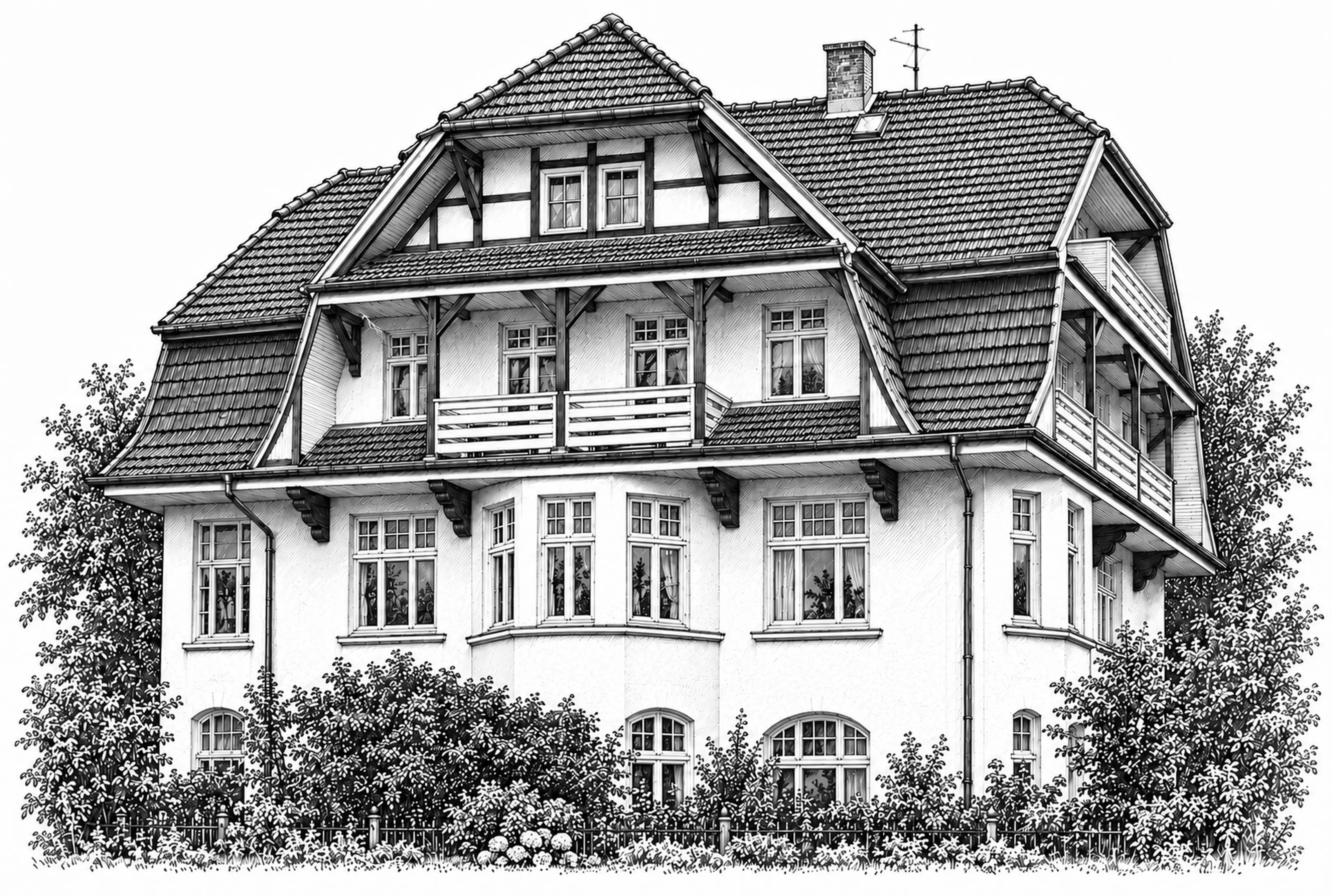 Detailreiche Architekturzeichnung der historischen Villa Aranka mit ihren Giebeln, Balkonen und feinen Fassadendetails